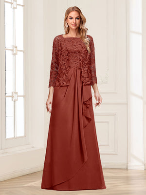 Lace Chiffon Square Neck 3/4 Sleeves 2 Pieces Mother of the Bride Dresses with Appliques & Jacket