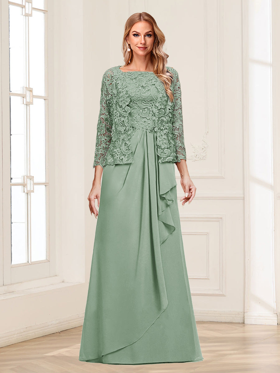 Lace Chiffon Square Neck 3/4 Sleeves 2 Pieces Mother of the Bride Dresses with Appliques &amp; Jacket