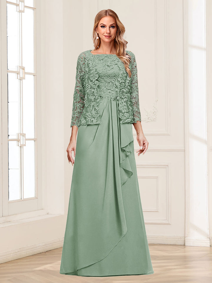 Lace Chiffon Square Neck 3/4 Sleeves 2 Pieces Mother of the Bride Dresses with Appliques &amp; Jacket