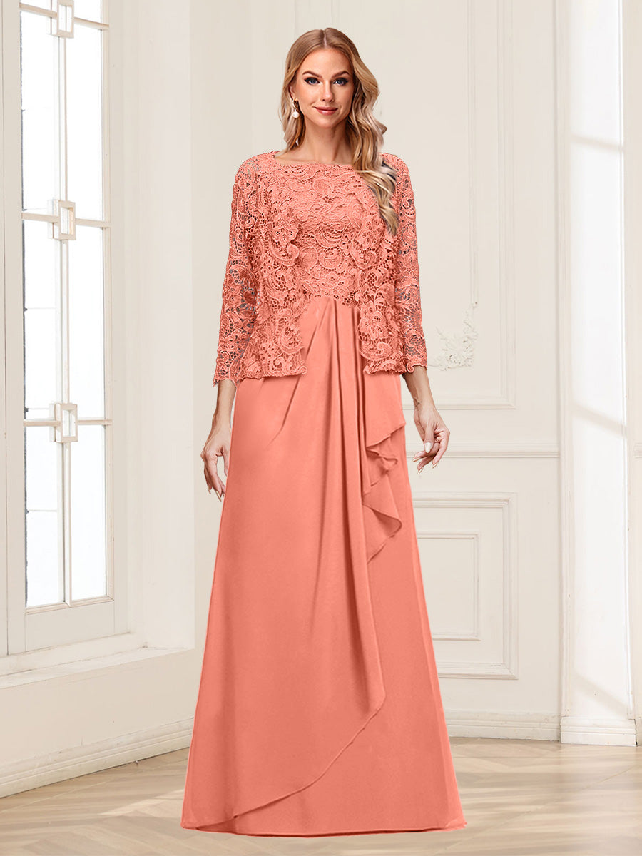 Lace Chiffon Square Neck 3/4 Sleeves 2 Pieces Mother of the Bride Dresses with Appliques &amp; Jacket