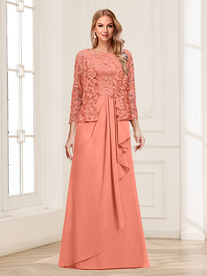 Lace Chiffon Square Neck 3/4 Sleeves 2 Pieces Mother of the Bride Dresses with Appliques &amp; Jacket