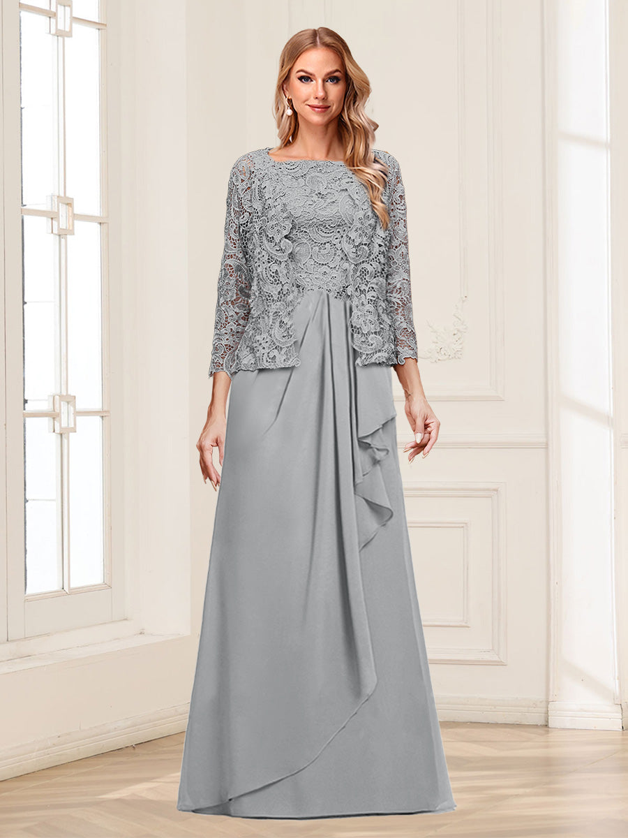 Lace Chiffon Square Neck 3/4 Sleeves 2 Pieces Mother of the Bride Dresses with Appliques &amp; Jacket