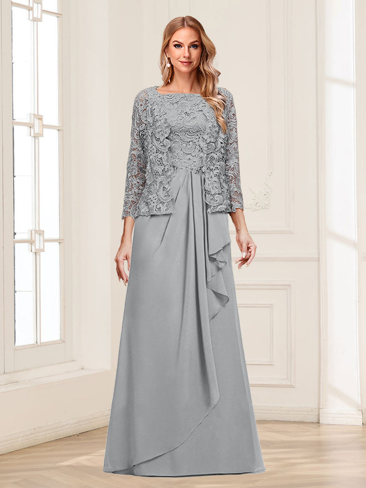 Lace Chiffon Square Neck 3/4 Sleeves 2 Pieces Mother of the Bride Dresses with Appliques &amp; Jacket