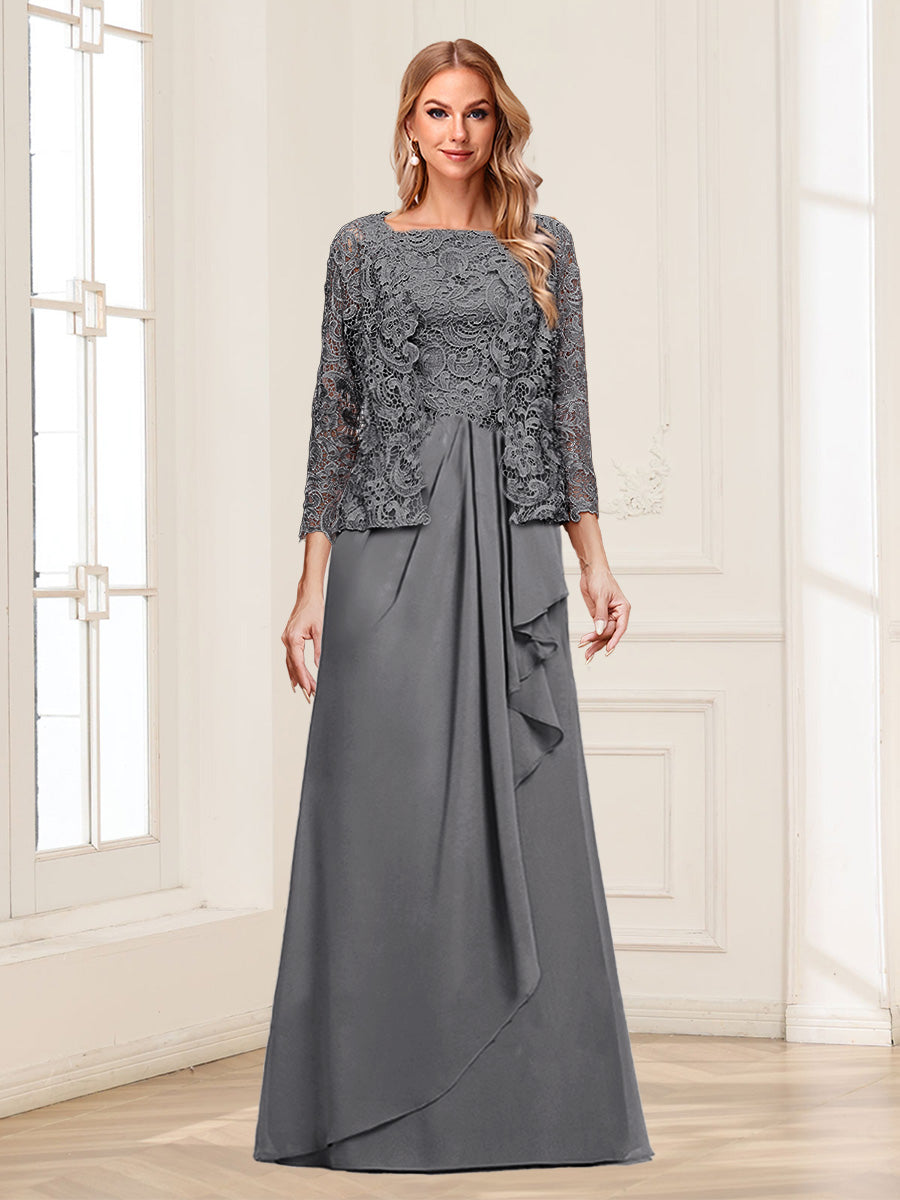 Lace Chiffon Square Neck 3/4 Sleeves 2 Pieces Mother of the Bride Dresses with Appliques &amp; Jacket