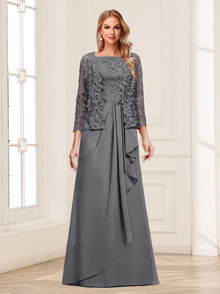 Lace Chiffon Square Neck 3/4 Sleeves 2 Pieces Mother of the Bride Dresses with Appliques &amp; Jacket