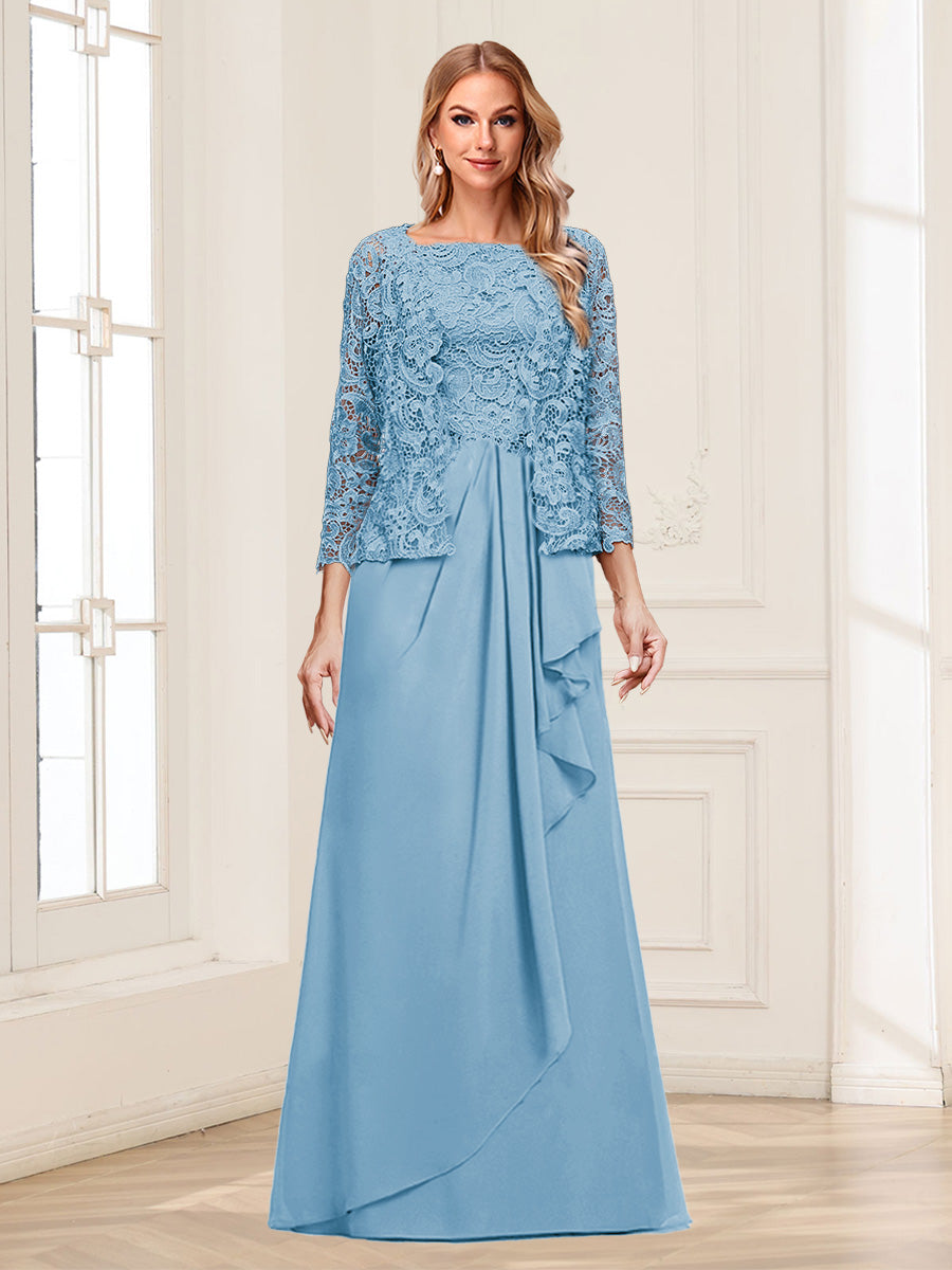 2026 Mother of the Bride & Groom Dress Lace Draped Chiffon 3/4 Sleeve Lavetir Dusty Blue Formal