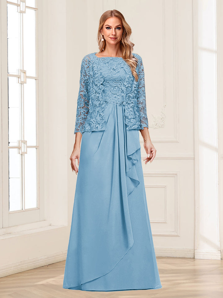 Lace Chiffon Square Neck 3/4 Sleeves 2 Pieces Mother of the Bride Dresses with Appliques &amp; Jacket