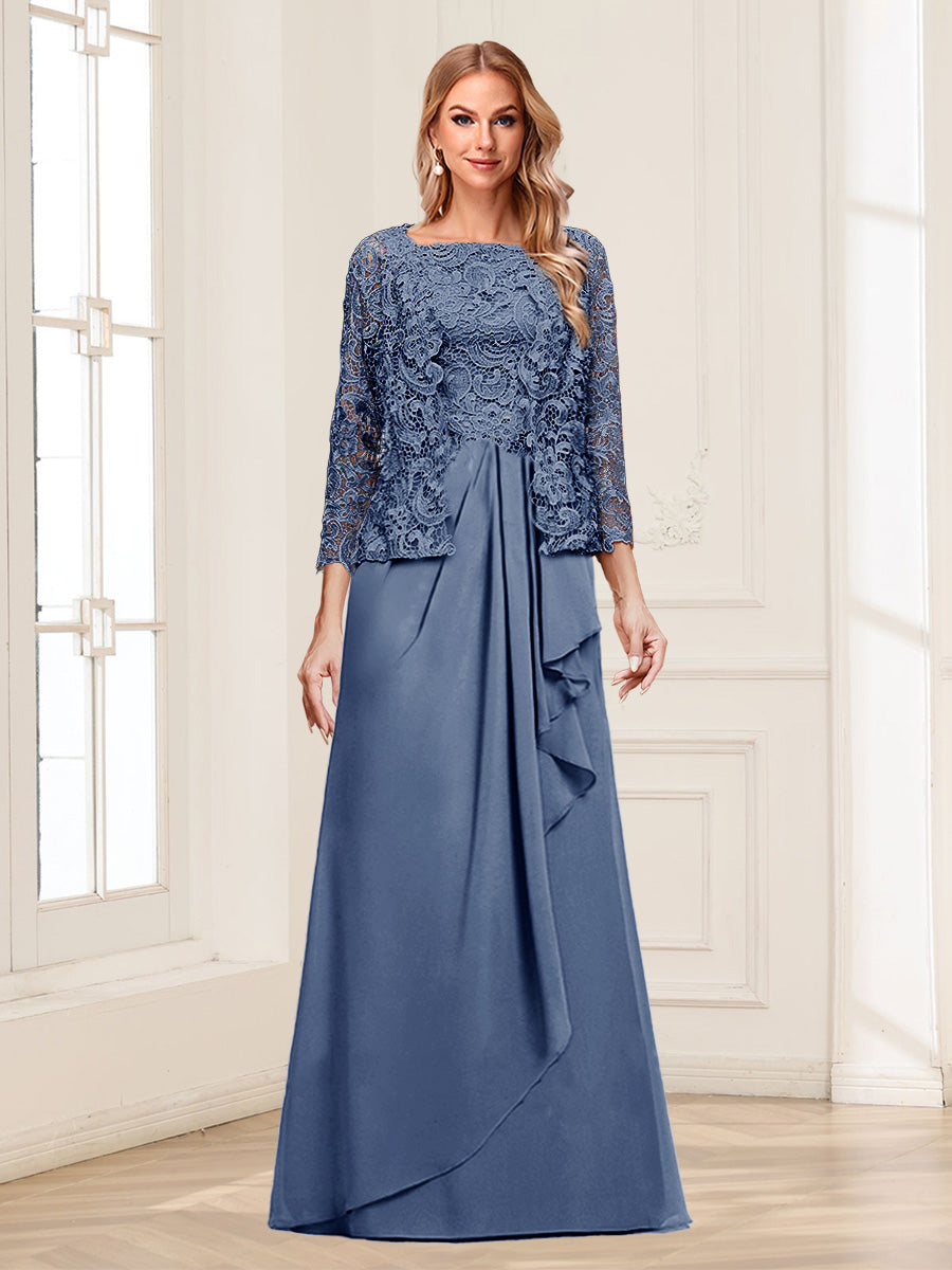 Lace Chiffon Square Neck 3/4 Sleeves 2 Pieces Mother of the Bride Dresses with Appliques &amp; Jacket