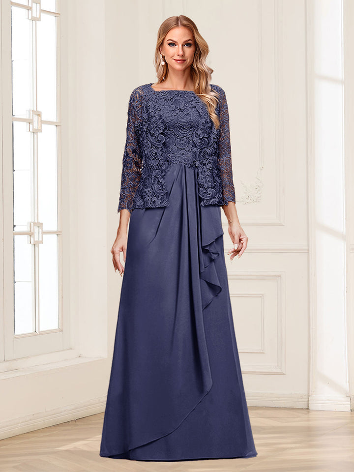 Lace Chiffon Square Neck 3/4 Sleeves 2 Pieces Mother of the Bride Dresses with Appliques &amp; Jacket