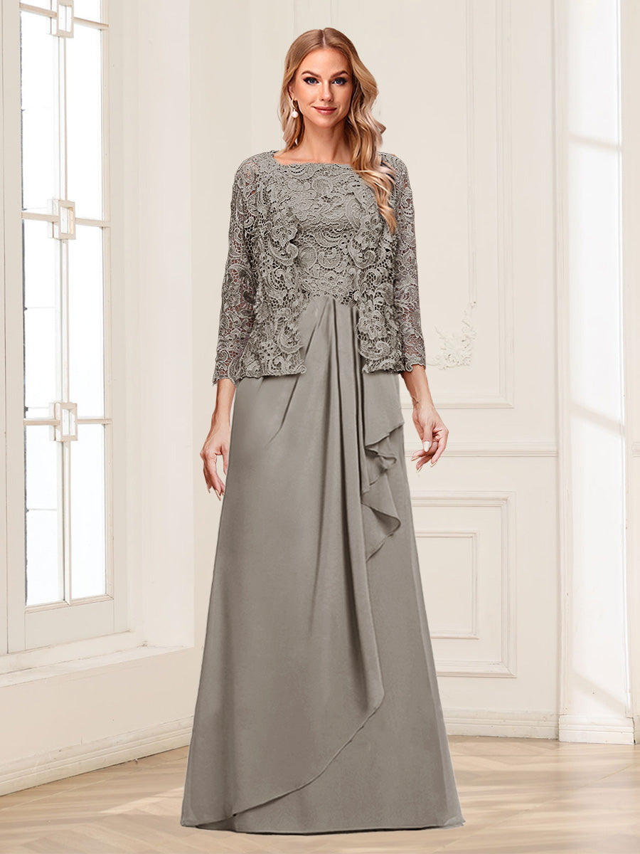 Lace Chiffon Square Neck 3/4 Sleeves 2 Pieces Mother of the Bride Dresses with Appliques &amp; Jacket