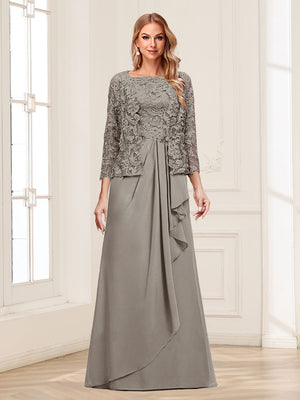 Lace Chiffon Square Neck 3/4 Sleeves 2 Pieces Mother of the Bride Dresses with Appliques & Jacket