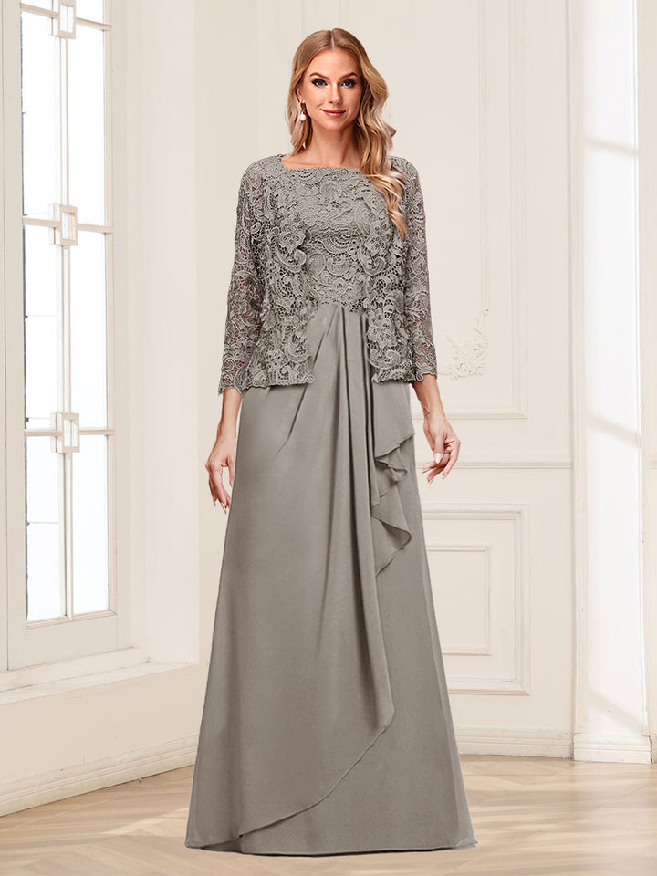 Lace Chiffon Square Neck 3/4 Sleeves 2 Pieces Mother of the Bride Dresses with Appliques &amp; Jacket