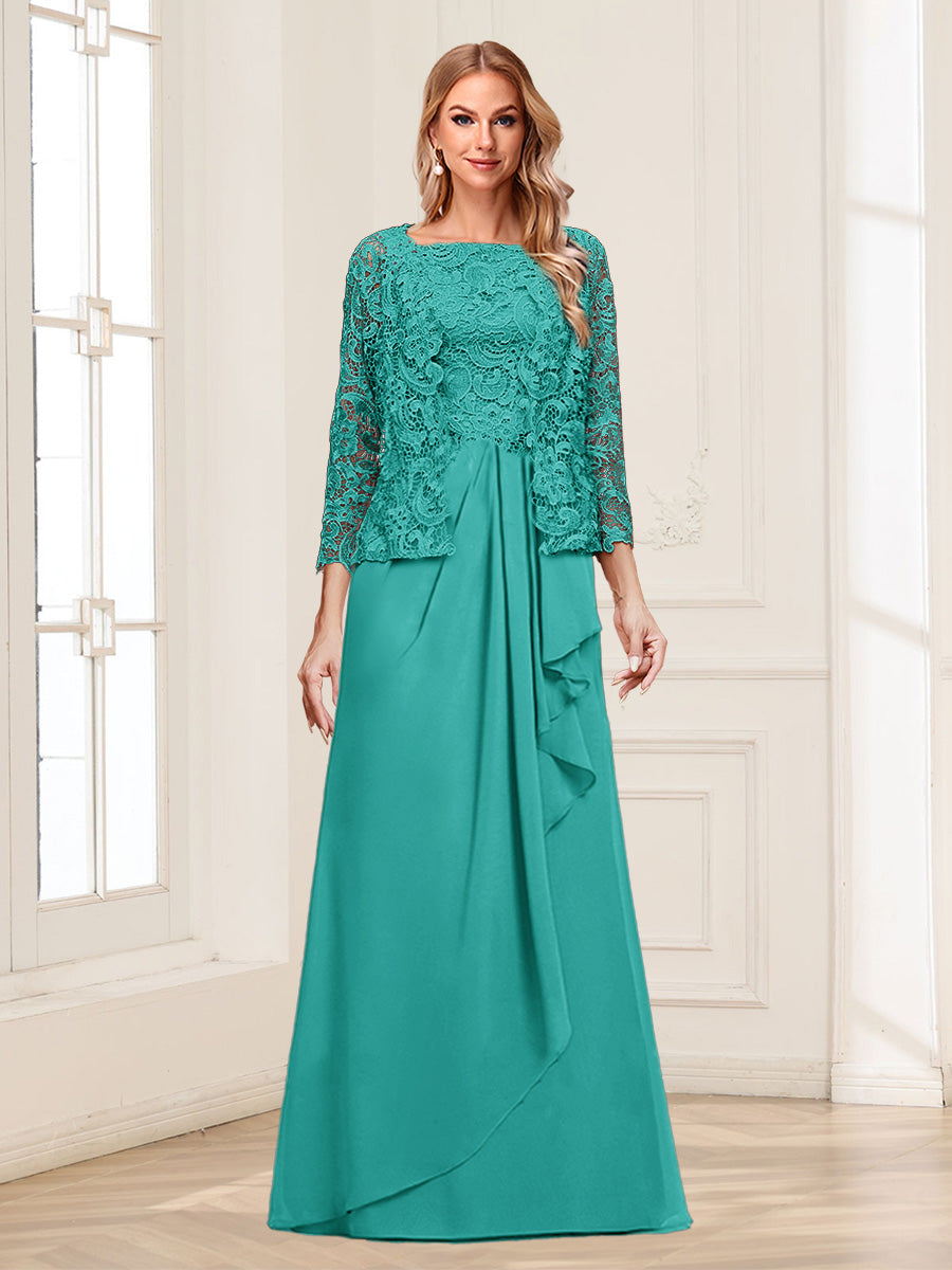 Lace Chiffon Square Neck 3/4 Sleeves 2 Pieces Mother of the Bride Dresses with Appliques &amp; Jacket