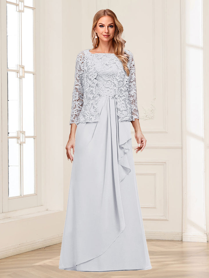Lace Chiffon Square Neck 3/4 Sleeves 2 Pieces Mother of the Bride Dresses with Appliques &amp; Jacket