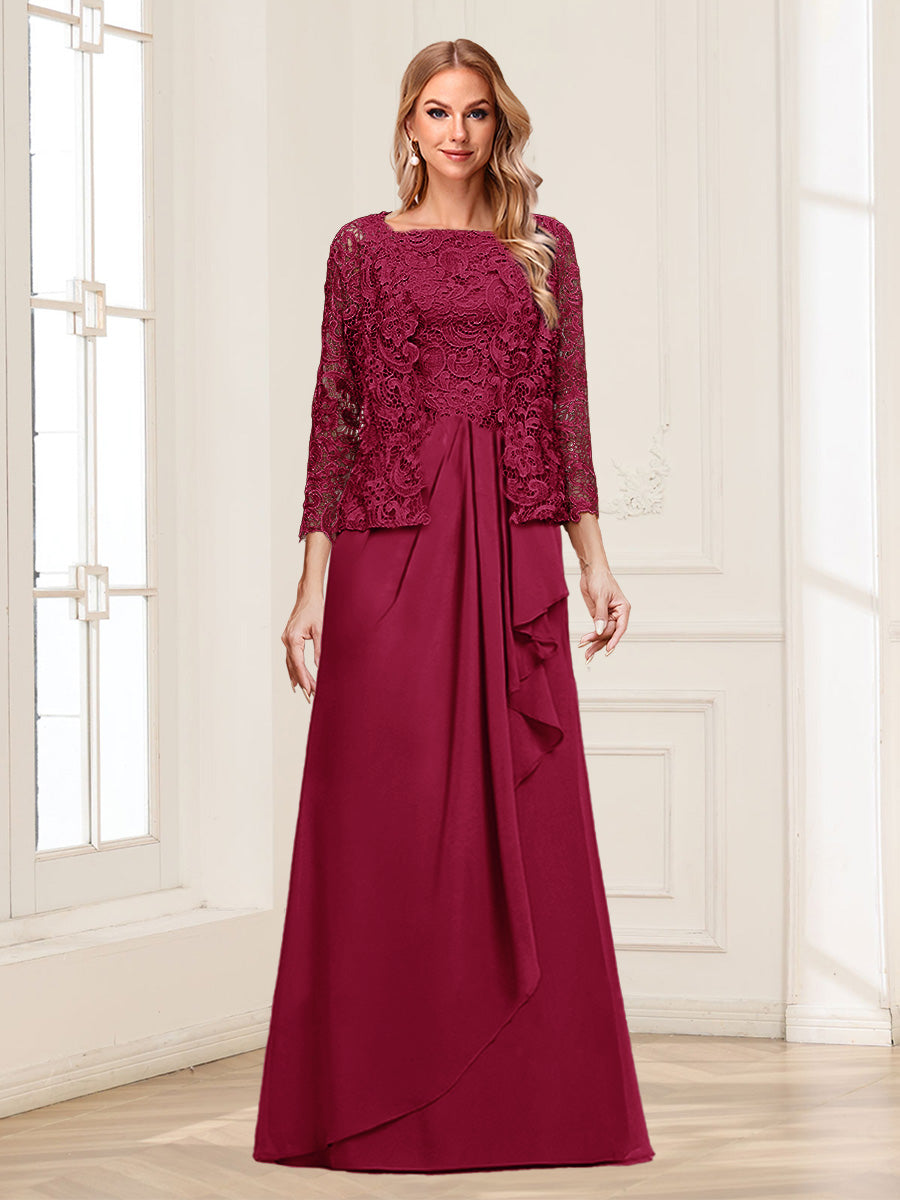 Lace Chiffon Square Neck 3/4 Sleeves 2 Pieces Mother of the Bride Dresses with Appliques &amp; Jacket