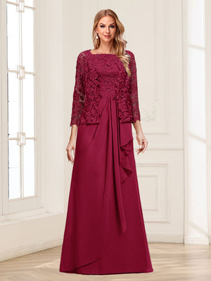 Lace Chiffon Square Neck 3/4 Sleeves 2 Pieces Mother of the Bride Dresses with Appliques & Jacket