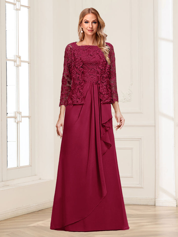 Lace Chiffon Square Neck 3/4 Sleeves 2 Pieces Mother of the Bride Dresses with Appliques &amp; Jacket