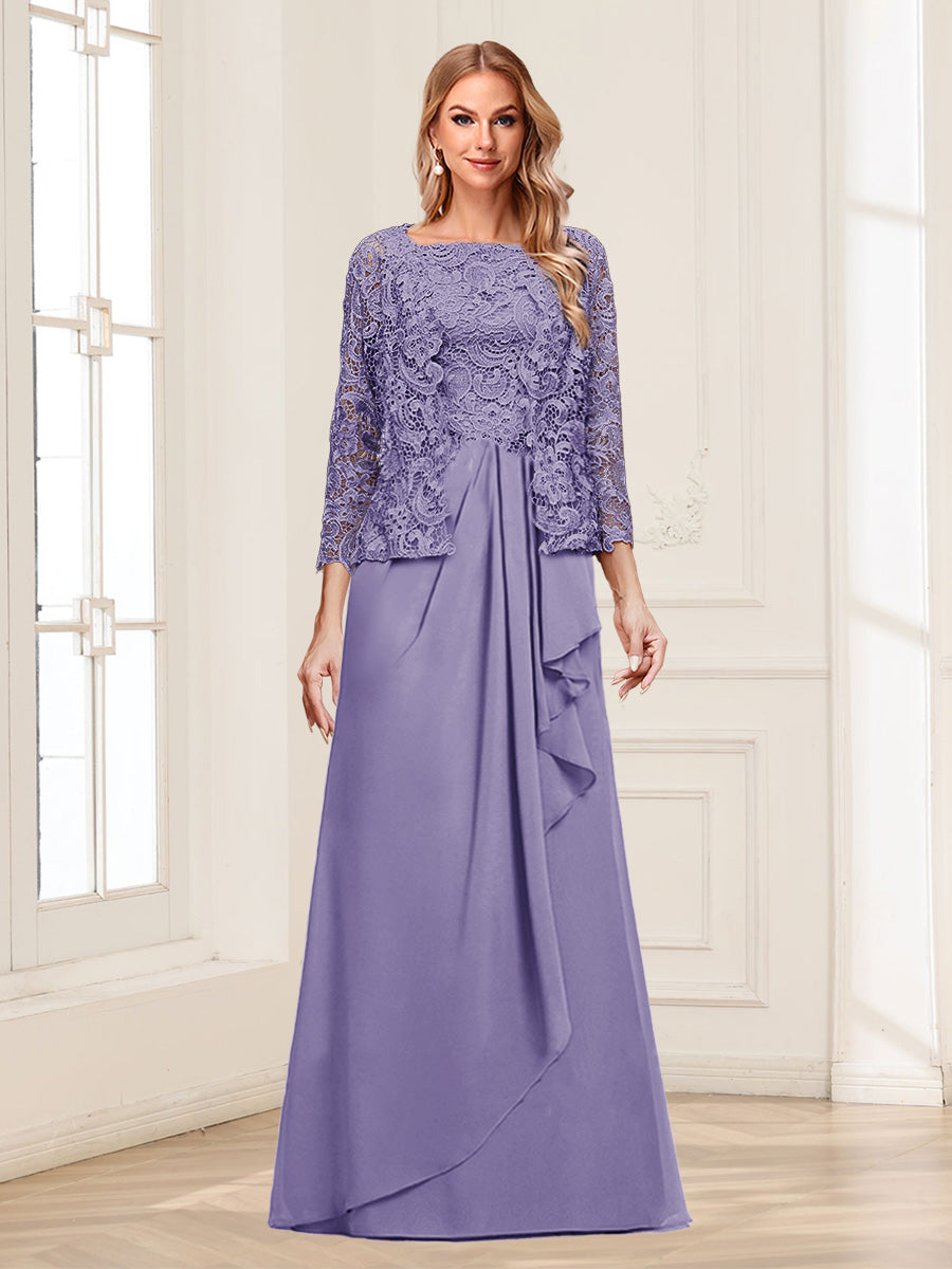 Lace Chiffon Square Neck 3/4 Sleeves 2 Pieces Mother of the Bride Dresses with Appliques &amp; Jacket
