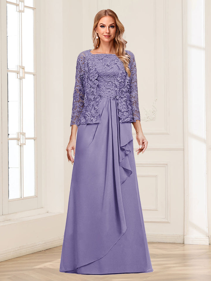 Lace Chiffon Square Neck 3/4 Sleeves 2 Pieces Mother of the Bride Dresses with Appliques &amp; Jacket