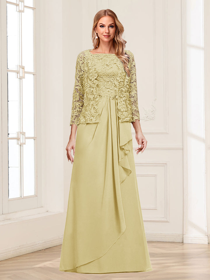 Lace Chiffon Square Neck 3/4 Sleeves 2 Pieces Mother of the Bride Dresses with Appliques &amp; Jacket