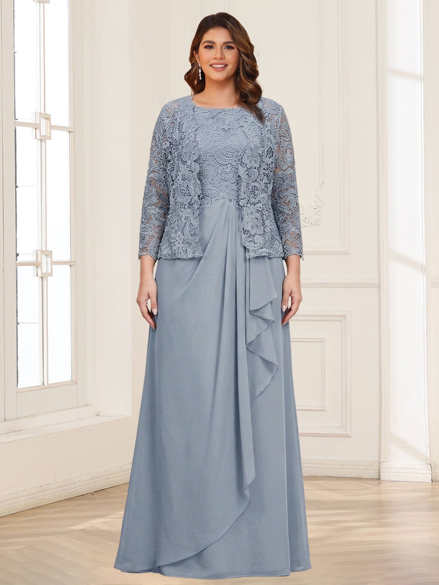 Lace Chiffon Square Neck 3/4 Sleeves 2 Pieces Plus Size Mother of the Bride Dresses with Appliques & Jacket