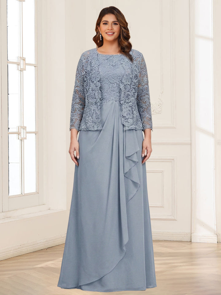 Lace Chiffon Square Neck 3/4 Sleeves 2 Pieces Plus Size Mother of the Bride Dresses with Appliques &amp; Jacket