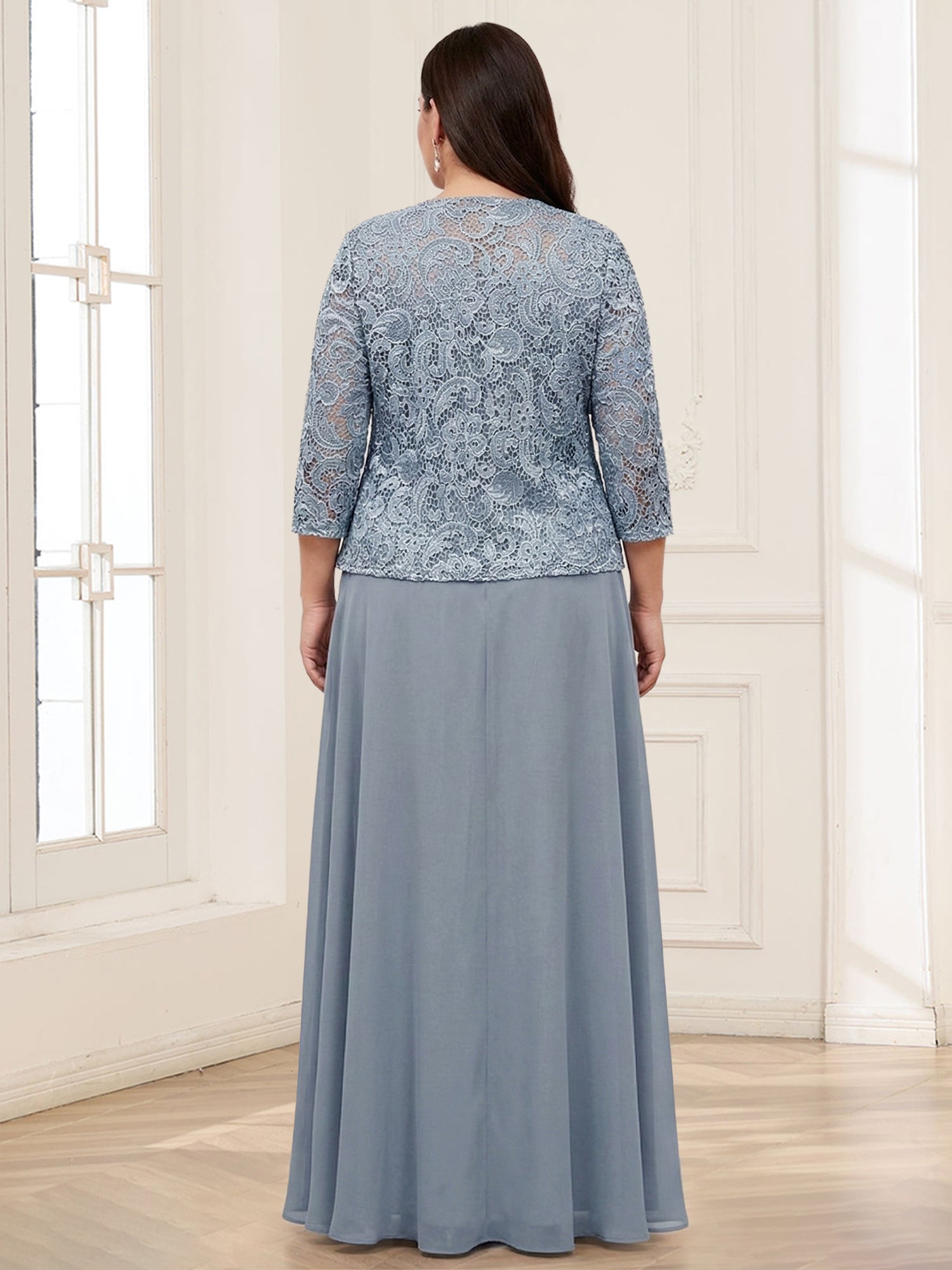Lace Chiffon Square Neck 3/4 Sleeves 2 Pieces Plus Size Mother of the Bride Dresses with Appliques & Jacket