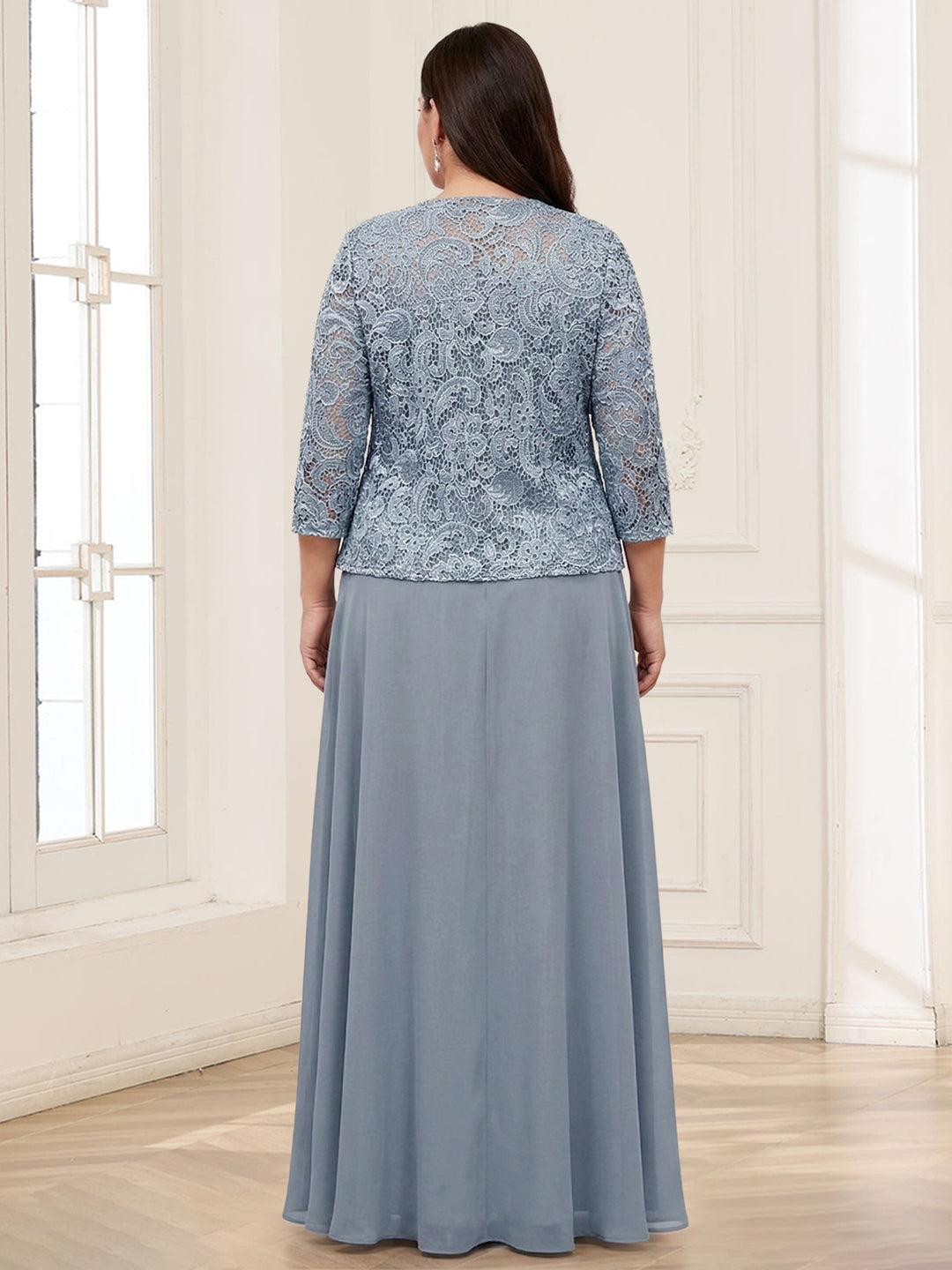 Lace Chiffon Square Neck 3/4 Sleeves 2 Pieces Plus Size Mother of the Bride Dresses with Appliques &amp; Jacket