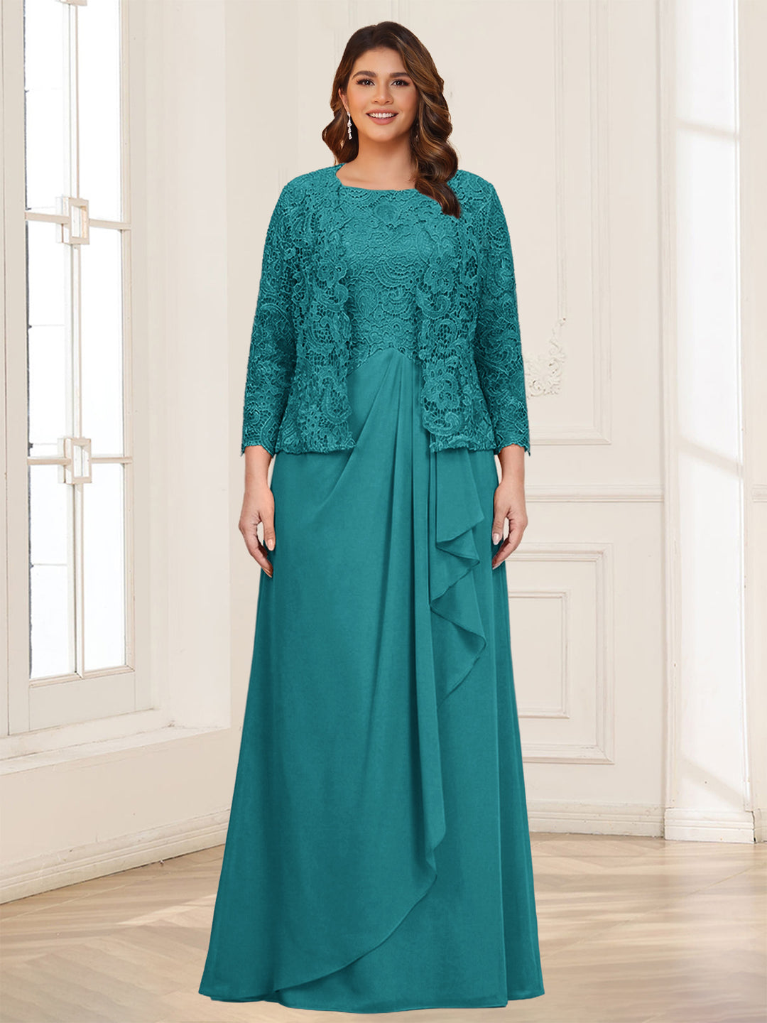 Lace Chiffon Square Neck 3/4 Sleeves 2 Pieces Plus Size Mother of the Bride Dresses with Appliques &amp; Jacket