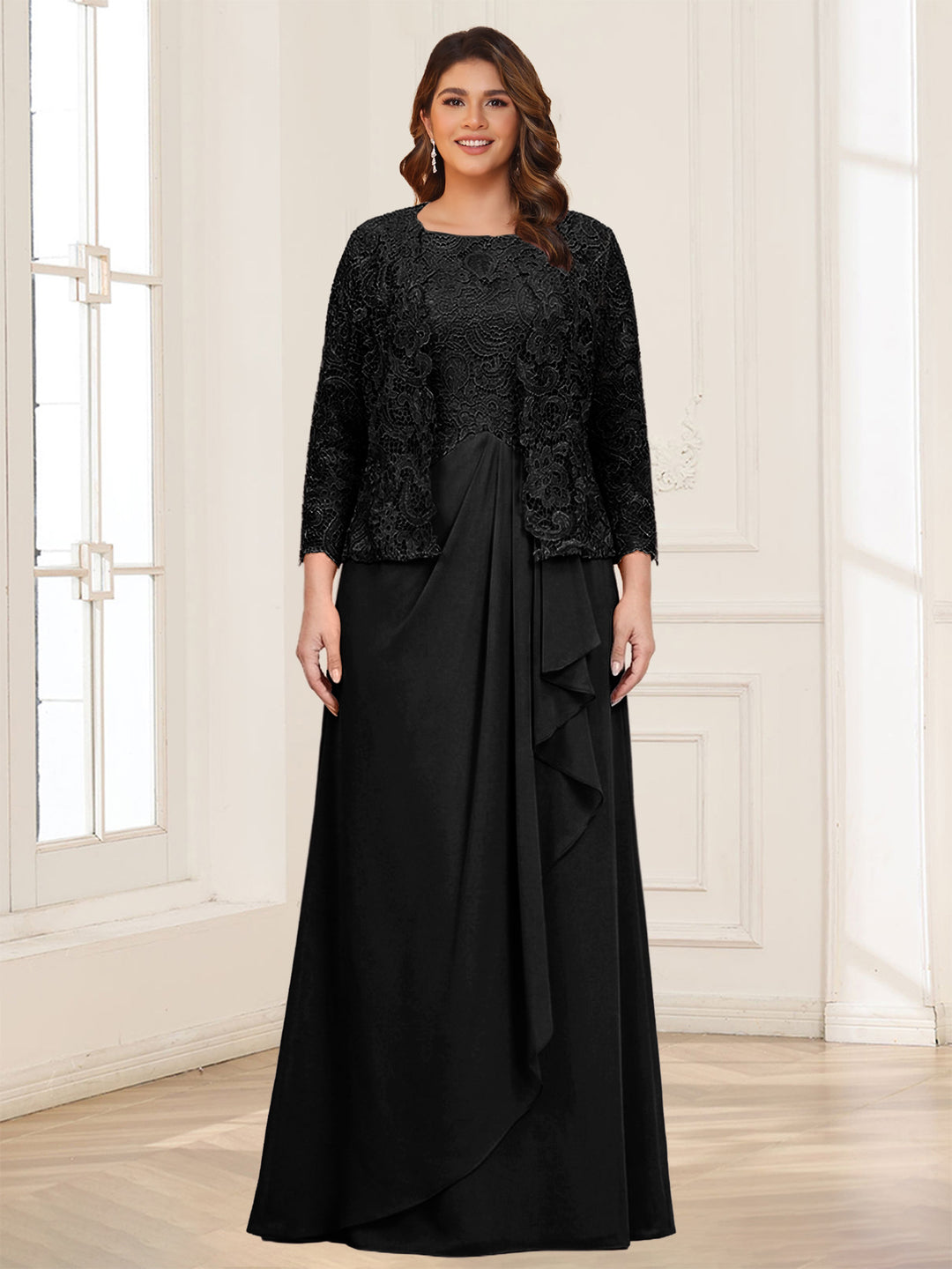 Lace Chiffon Square Neck 3/4 Sleeves 2 Pieces Plus Size Mother of the Bride Dresses with Appliques &amp; Jacket