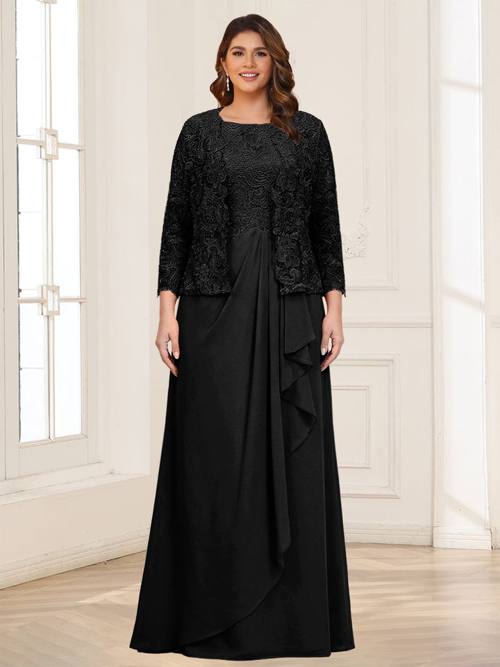 Lace Chiffon Square Neck 3/4 Sleeves 2 Pieces Plus Size Mother of the Bride Dresses with Appliques &amp; Jacket