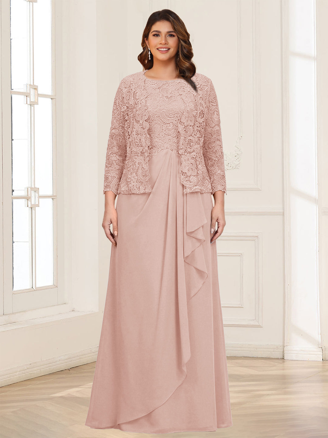 Lace Chiffon Square Neck 3/4 Sleeves 2 Pieces Plus Size Mother of the Bride Dresses with Appliques &amp; Jacket