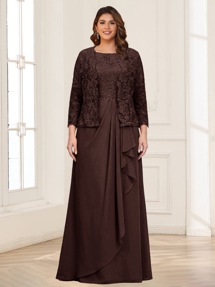 Lace Chiffon Square Neck 3/4 Sleeves 2 Pieces Plus Size Mother of the Bride Dresses with Appliques &amp; Jacket