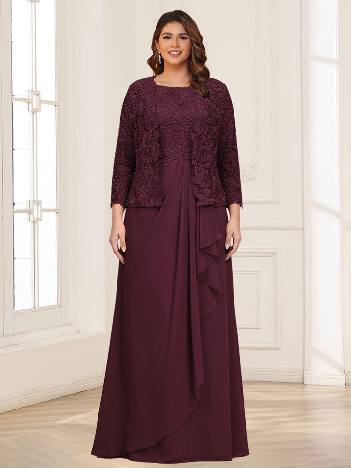 Lace Chiffon Square Neck 3/4 Sleeves 2 Pieces Plus Size Mother of the Bride Dresses with Appliques &amp; Jacket