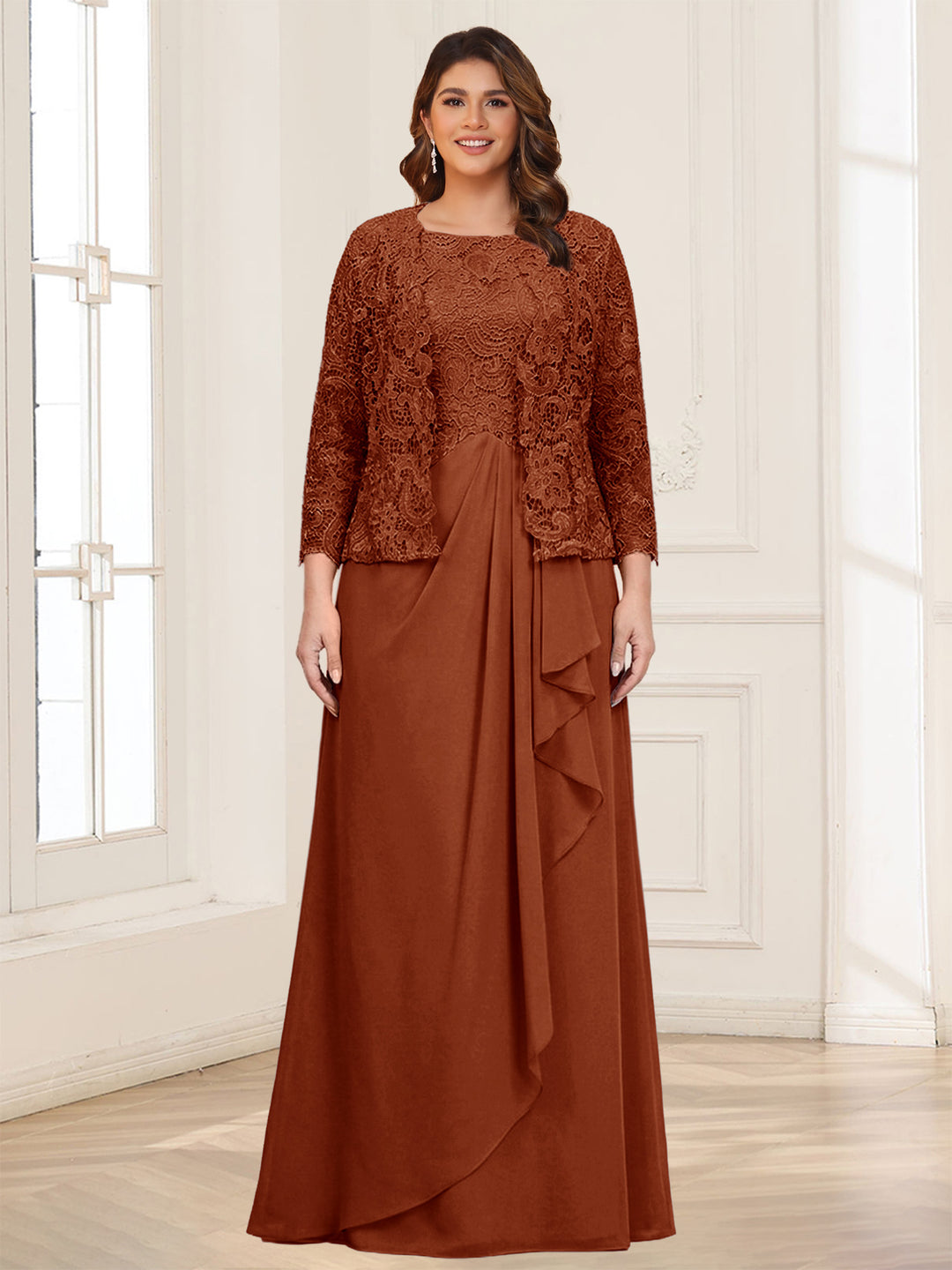 Lace Chiffon Square Neck 3/4 Sleeves 2 Pieces Plus Size Mother of the Bride Dresses with Appliques &amp; Jacket