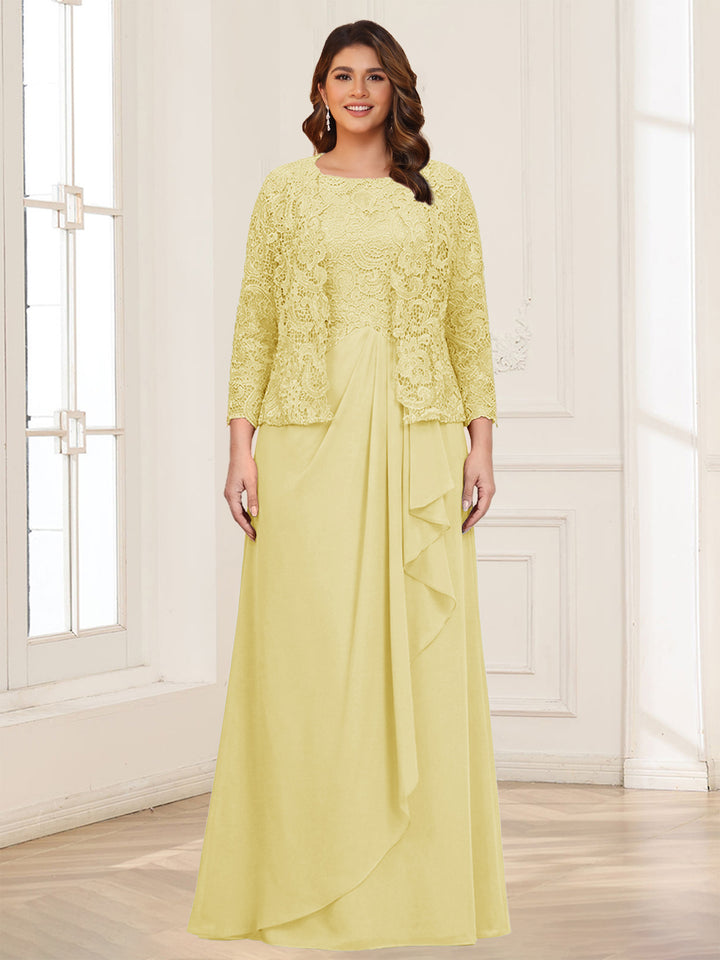 Lace Chiffon Square Neck 3/4 Sleeves 2 Pieces Plus Size Mother of the Bride Dresses with Appliques &amp; Jacket