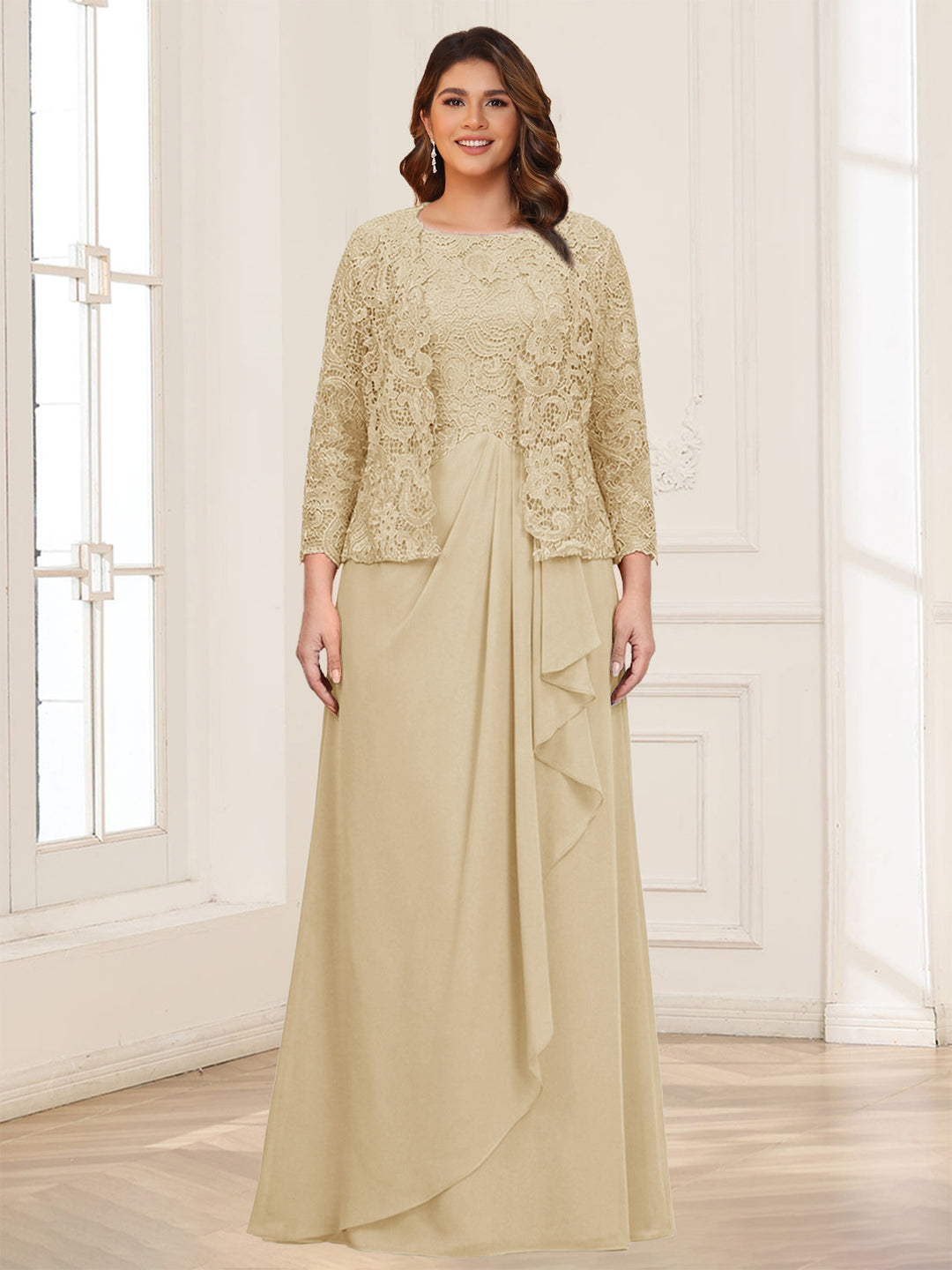 Lace Chiffon Square Neck 3/4 Sleeves 2 Pieces Plus Size Mother of the Bride Dresses with Appliques &amp; Jacket