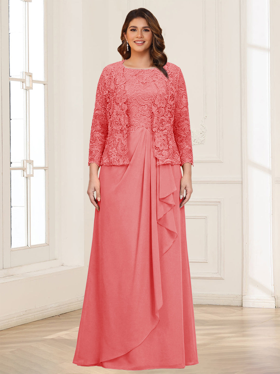Lace Chiffon Square Neck 3/4 Sleeves 2 Pieces Plus Size Mother of the Bride Dresses with Appliques &amp; Jacket