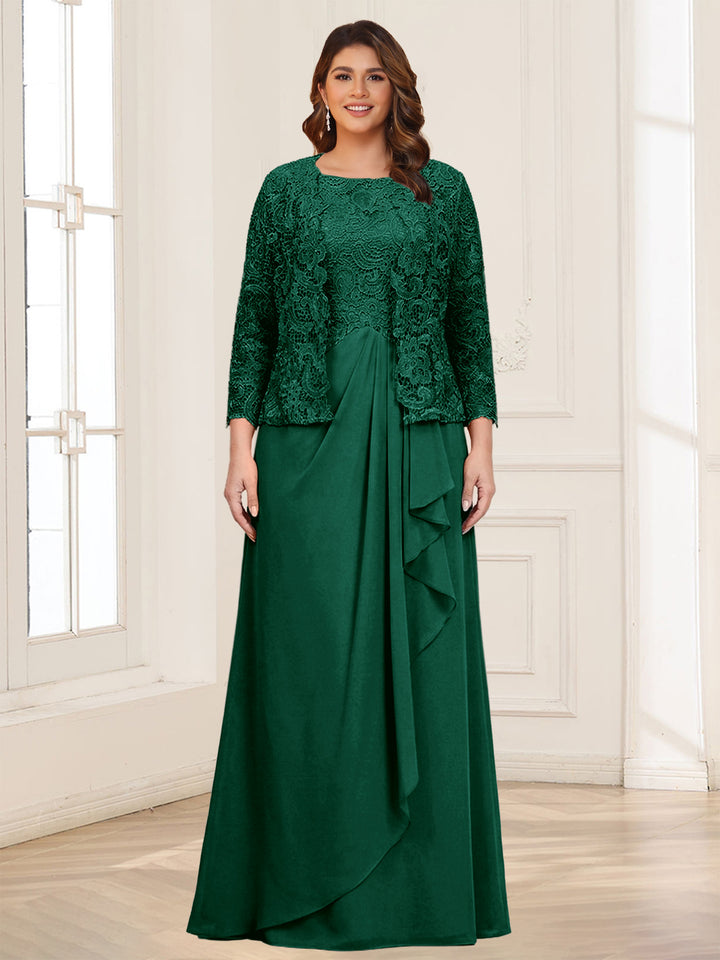 Lace Chiffon Square Neck 3/4 Sleeves 2 Pieces Plus Size Mother of the Bride Dresses with Appliques &amp; Jacket