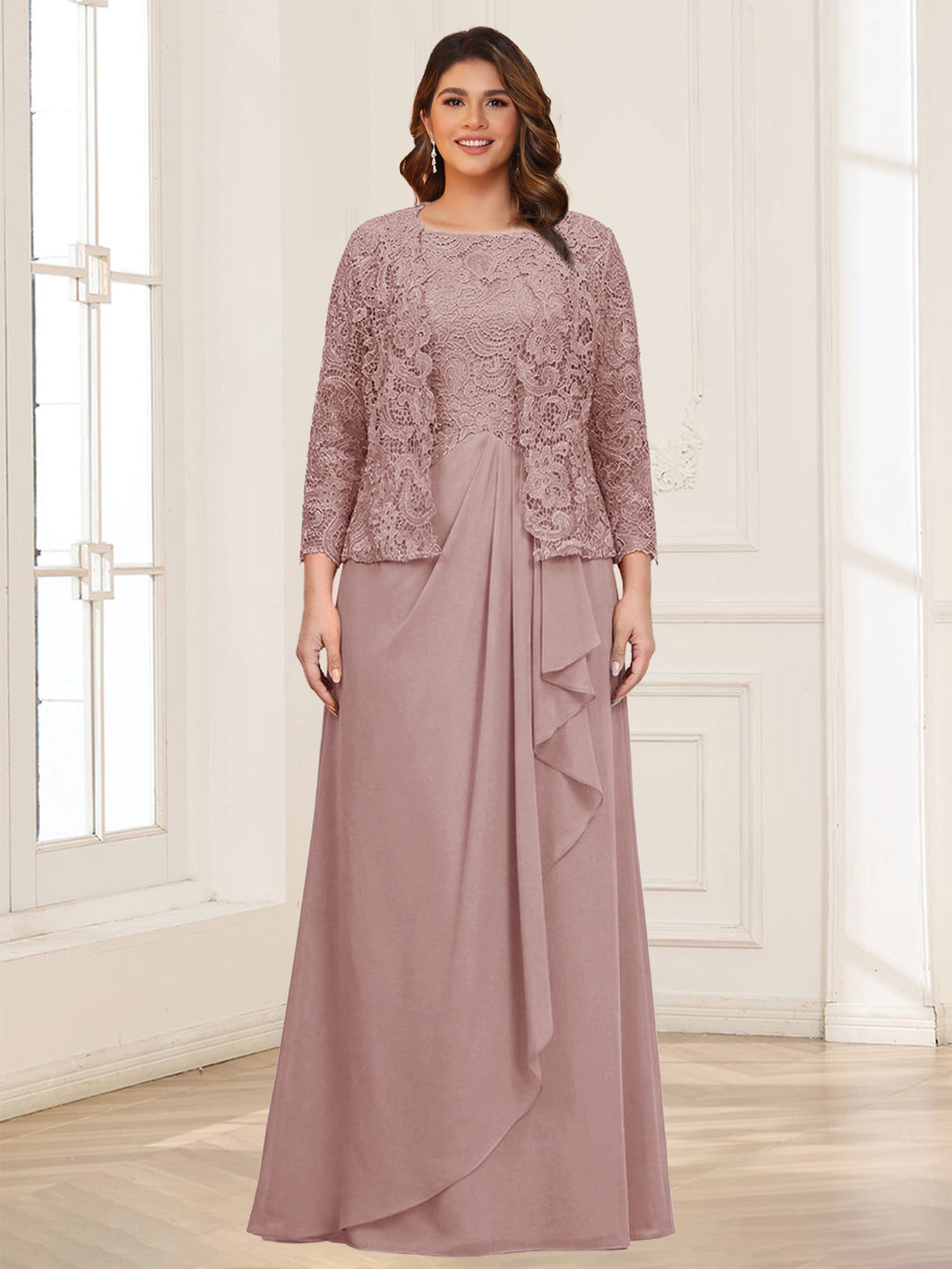 Lace Chiffon Square Neck 3/4 Sleeves 2 Pieces Plus Size Mother of the Bride Dresses with Appliques &amp; Jacket