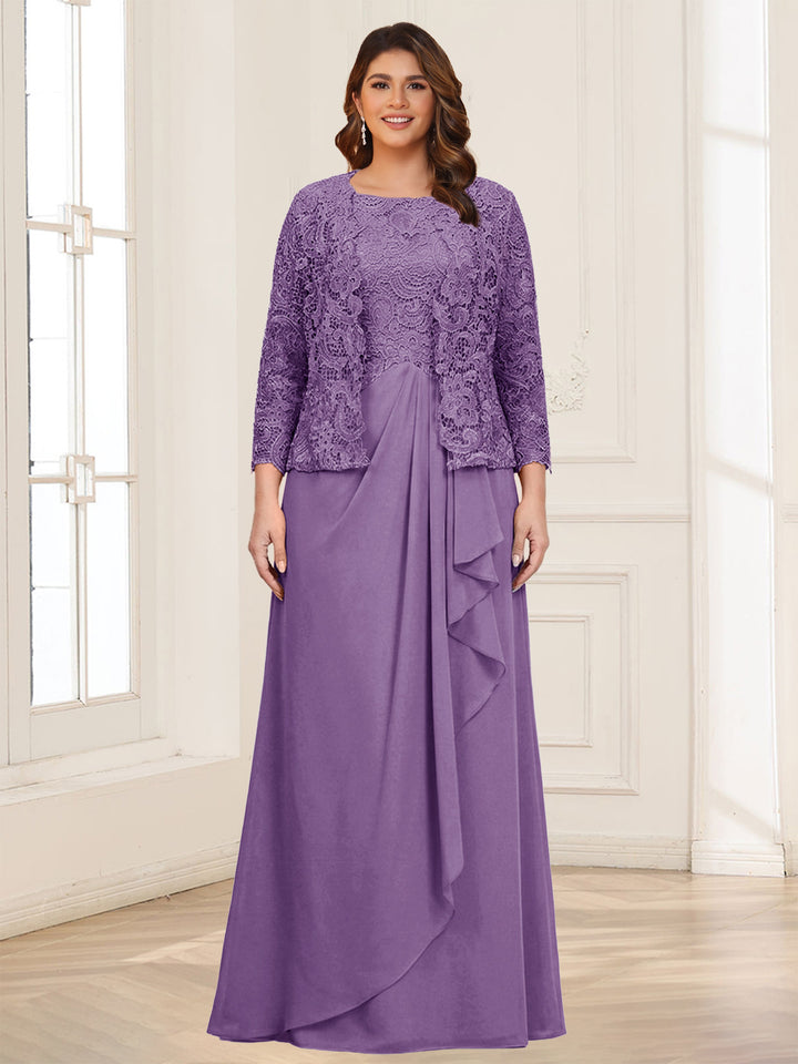 Lace Chiffon Square Neck 3/4 Sleeves 2 Pieces Plus Size Mother of the Bride Dresses with Appliques &amp; Jacket