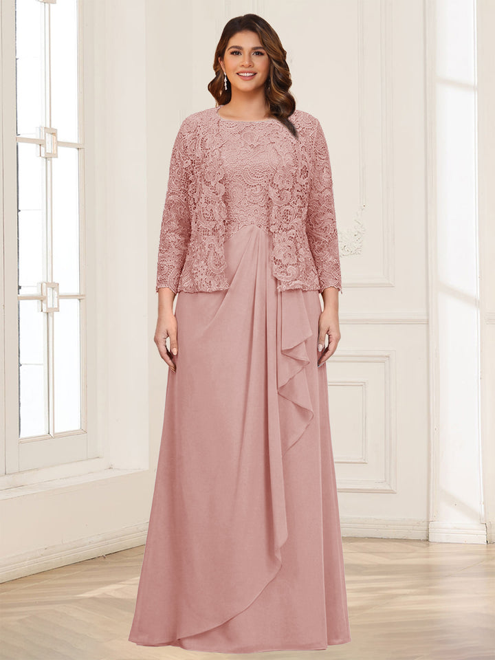 Lace Chiffon Square Neck 3/4 Sleeves 2 Pieces Plus Size Mother of the Bride Dresses with Appliques &amp; Jacket