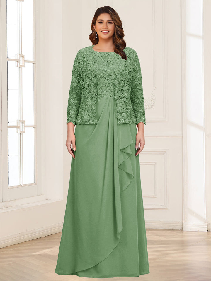 Lace Chiffon Square Neck 3/4 Sleeves 2 Pieces Plus Size Mother of the Bride Dresses with Appliques &amp; Jacket