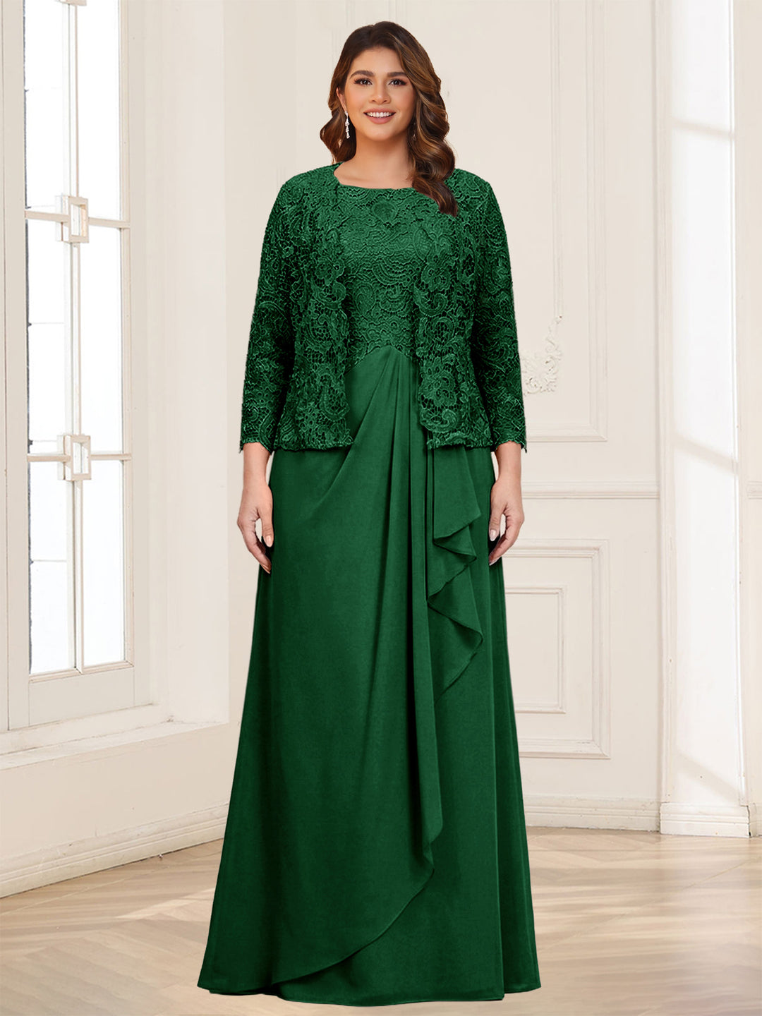 Lace Chiffon Square Neck 3/4 Sleeves 2 Pieces Plus Size Mother of the Bride Dresses with Appliques &amp; Jacket