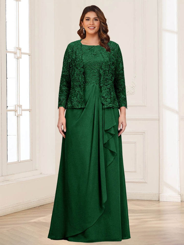 Lace Chiffon Square Neck 3/4 Sleeves 2 Pieces Plus Size Mother of the Bride Dresses with Appliques &amp; Jacket