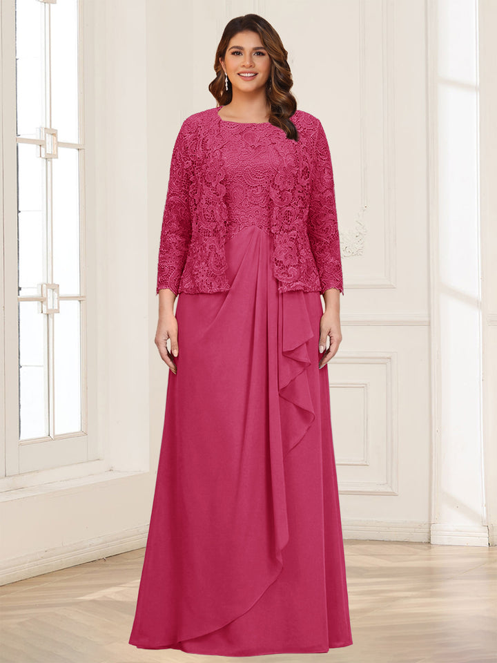 Lace Chiffon Square Neck 3/4 Sleeves 2 Pieces Plus Size Mother of the Bride Dresses with Appliques &amp; Jacket