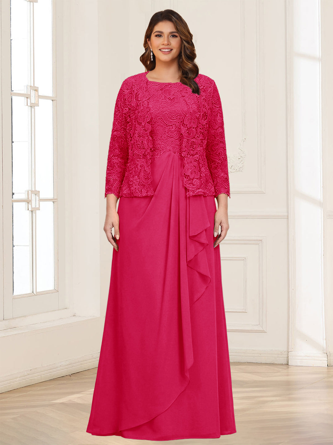 Lace Chiffon Square Neck 3/4 Sleeves 2 Pieces Plus Size Mother of the Bride Dresses with Appliques &amp; Jacket