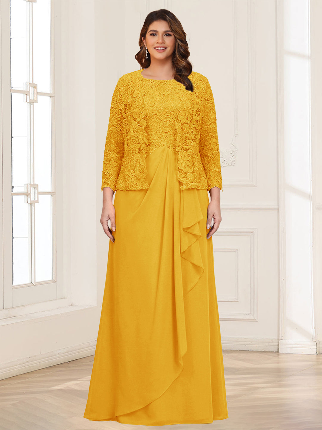 Lace Chiffon Square Neck 3/4 Sleeves 2 Pieces Plus Size Mother of the Bride Dresses with Appliques &amp; Jacket