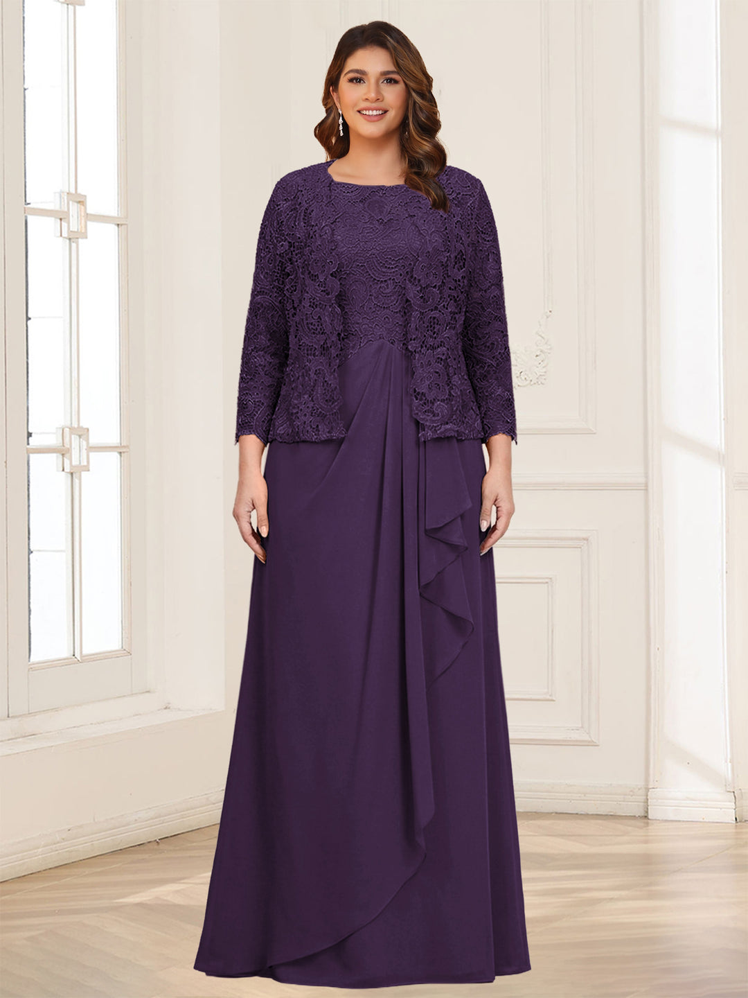 Lace Chiffon Square Neck 3/4 Sleeves 2 Pieces Plus Size Mother of the Bride Dresses with Appliques &amp; Jacket