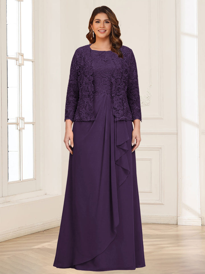 Lace Chiffon Square Neck 3/4 Sleeves 2 Pieces Plus Size Mother of the Bride Dresses with Appliques &amp; Jacket